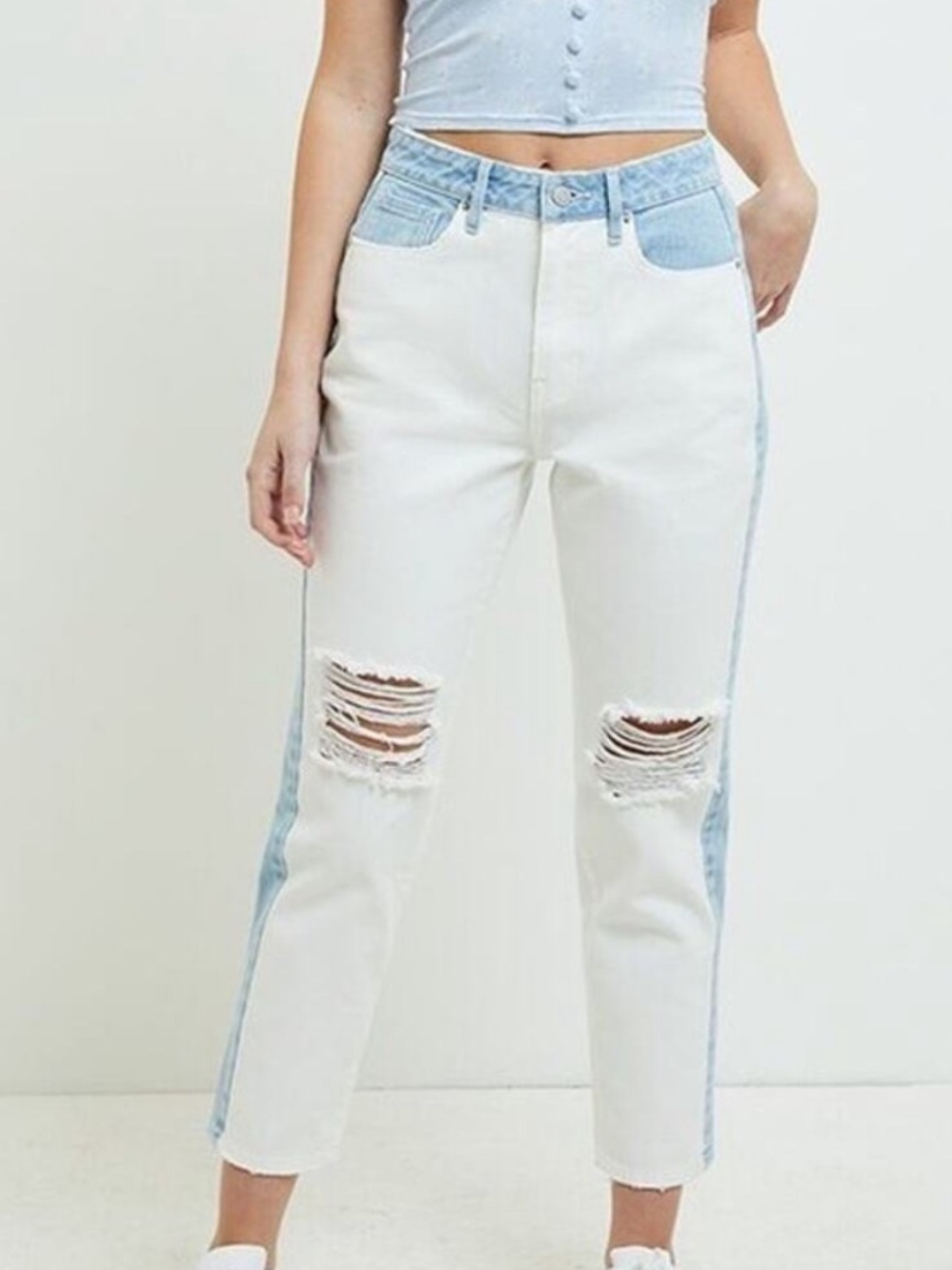 PacSun Two Tone Distressed Jeans 25 High Waist White Mom Jeans Rigid Denim Retro